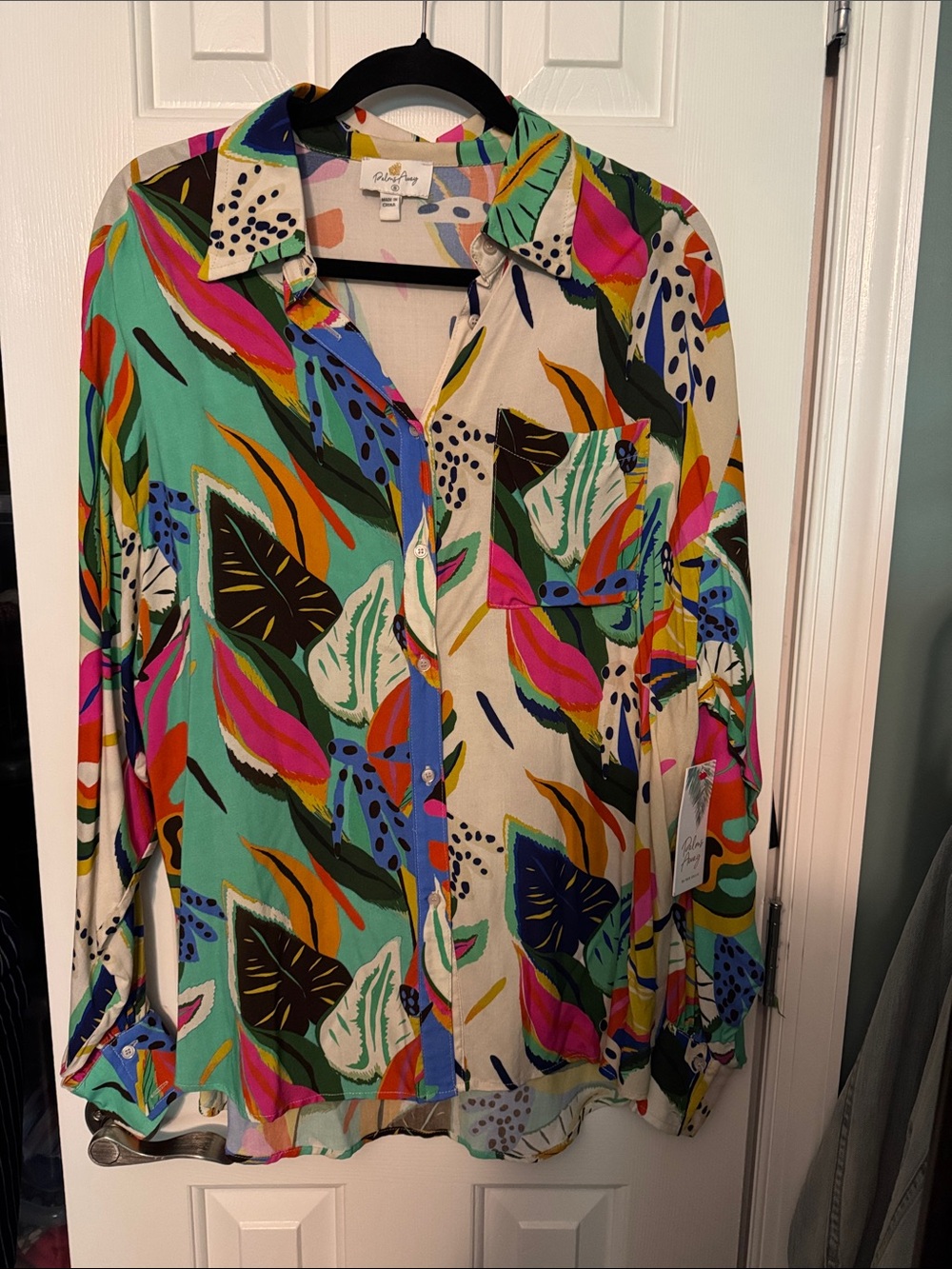 Palms AwayTropical Print Oversized Button-Down Shirt/Tunic Coverup